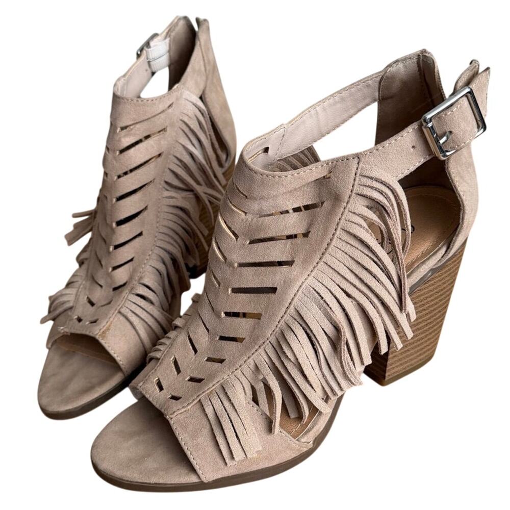 Sugar Valhrona Brown Tan Fringe 3" Block Heel Suede Booties Sz 7.5